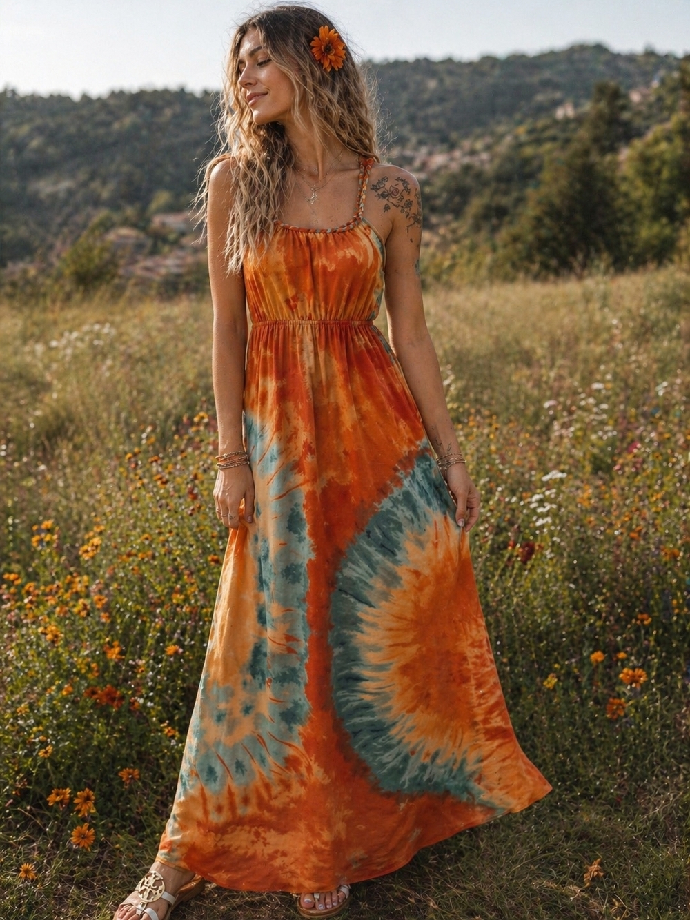 SUNSET🌄Boho Tie-Dye Maxi in Orange & Teal Approx 54"length STRETCHY Fits S/M
